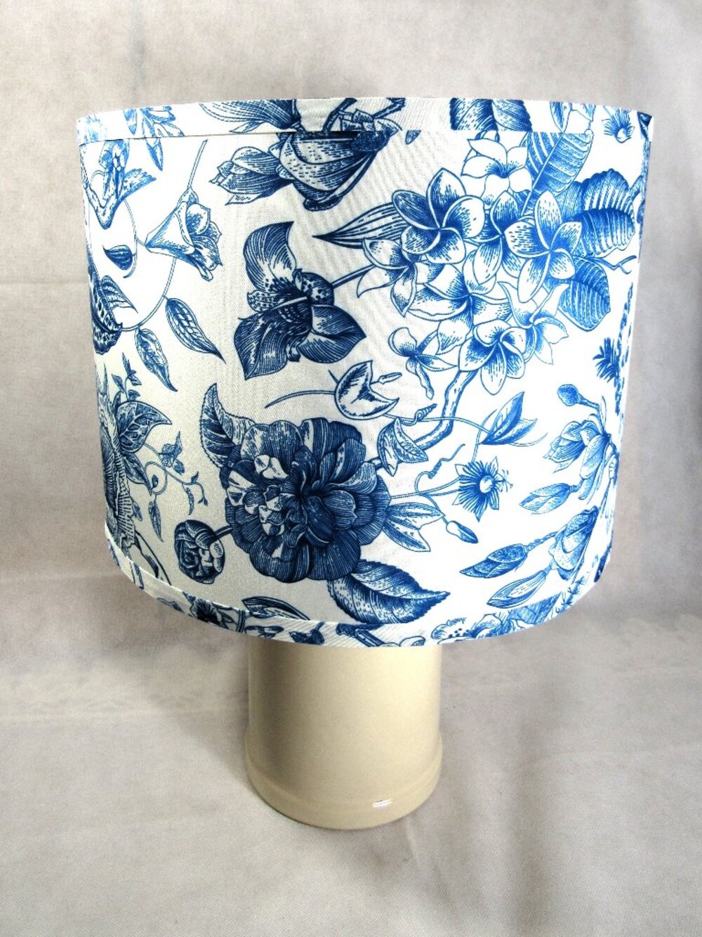 NEW BLUE FLORAL TOILE LAMP SHADE, CLOTH NOT PAPER, 9 X 12" SPIDER FITTING
